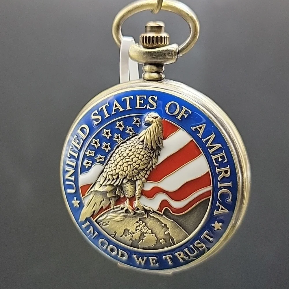 Invicta 49008 Gold Tone Pocket Watch Red White Blue American Flag Eagle Enamel
